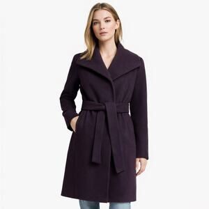 Calvin Klein Petite 16P Wool Blend Belted Wrap Car Coat Deep Purple Knee Length